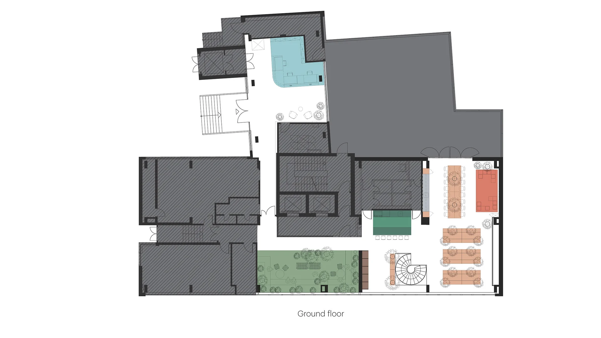 Grundriss Erdgeschoss mit Café, Baumgarten und Hof